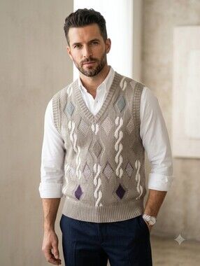 Northwest Territory Taupe V-Neck Knit Sweater Vest Cream Purple Vintage Grandpa